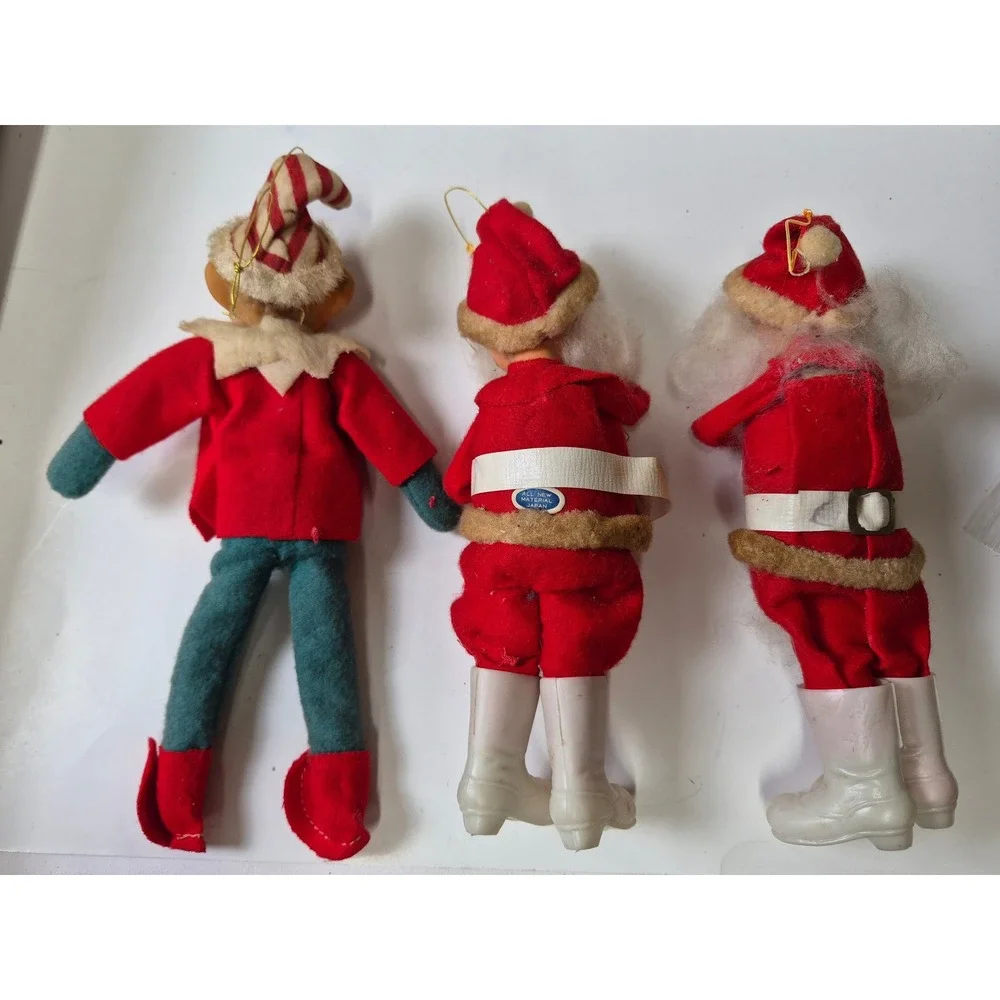 Vintage Rubber Face Felt Santa Elf Christmas Ornaments Lot of 3 Japan Retro MCM